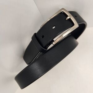 Dress belt men's 38 black 100% leather silver buckle classic formal minimalist